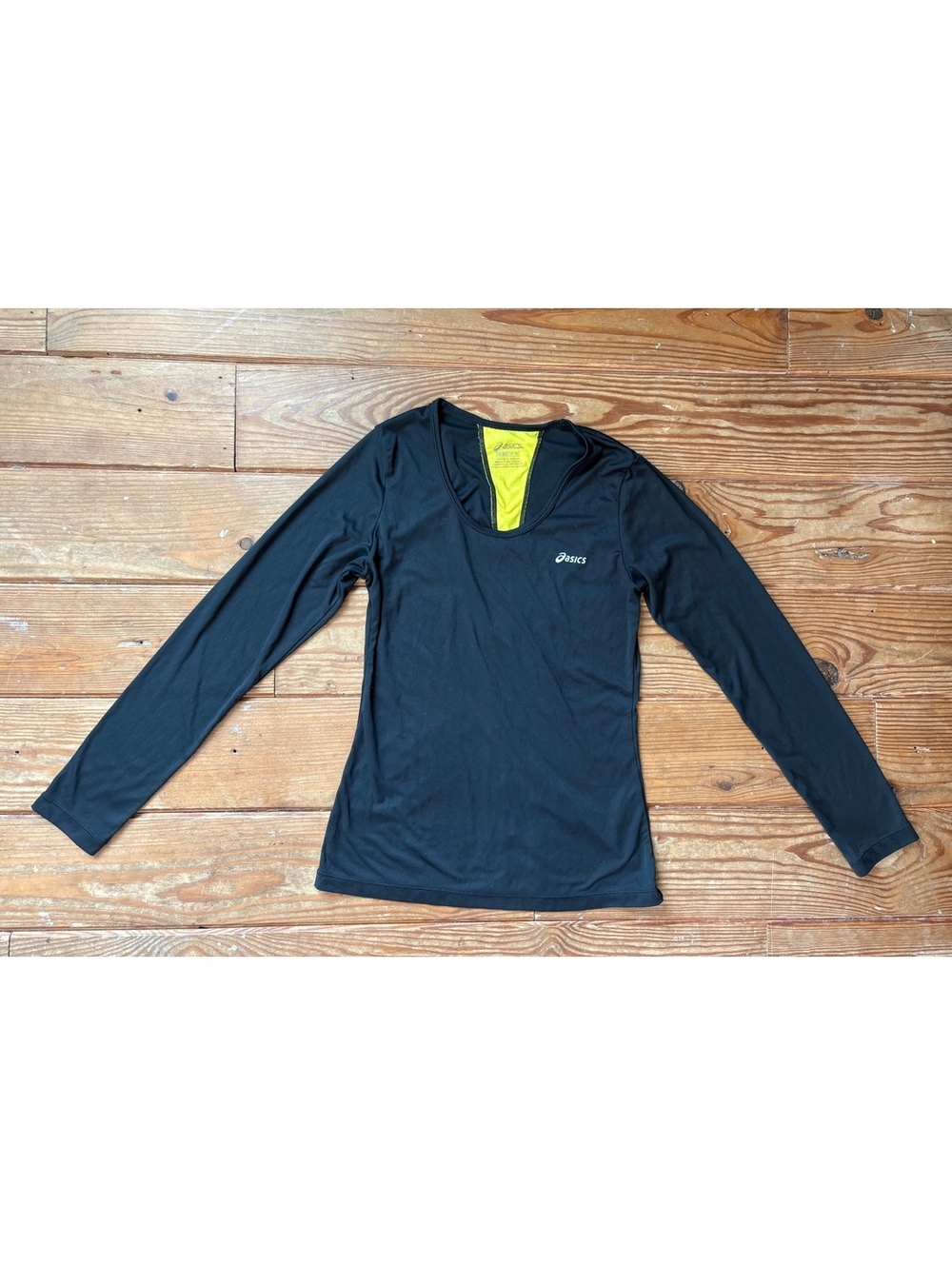 ASICS Women's Long Sleeve Black Athletic Shirt with Yellow Back Detail Size XS